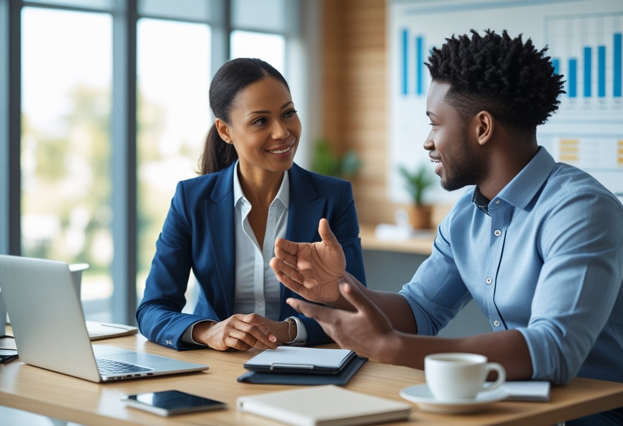 A career coach and client having a focused conversation in a modern office with a laptop and notes on the table.