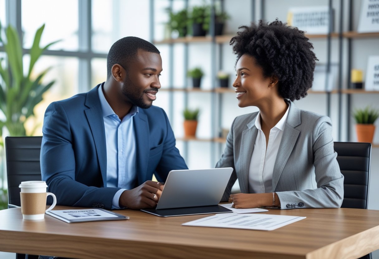 Two people engaged in a career coaching session in a bright office, with one taking notes and the other speaking.