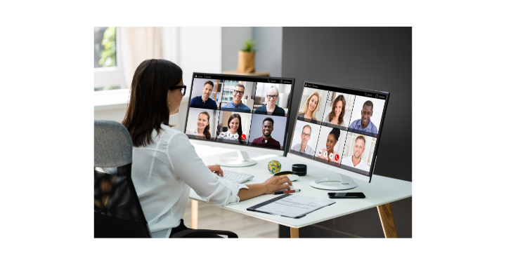 Online vs In person lady on two computers