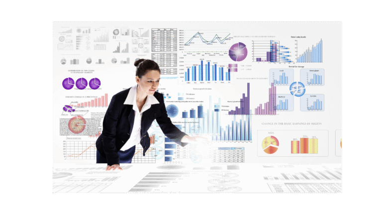 A Business Coach Business Planning and doing Strategy over a series of graphs and charts