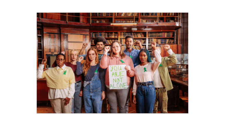Health and Wellbeing club with people holding a sign saying you are not alone
