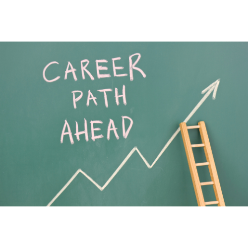 Blackboard with Career Path Ahead sign with arrow and ladder