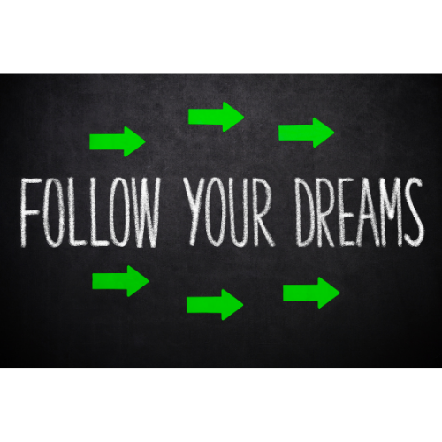 Blackboard with follow your dreams with green arrows around